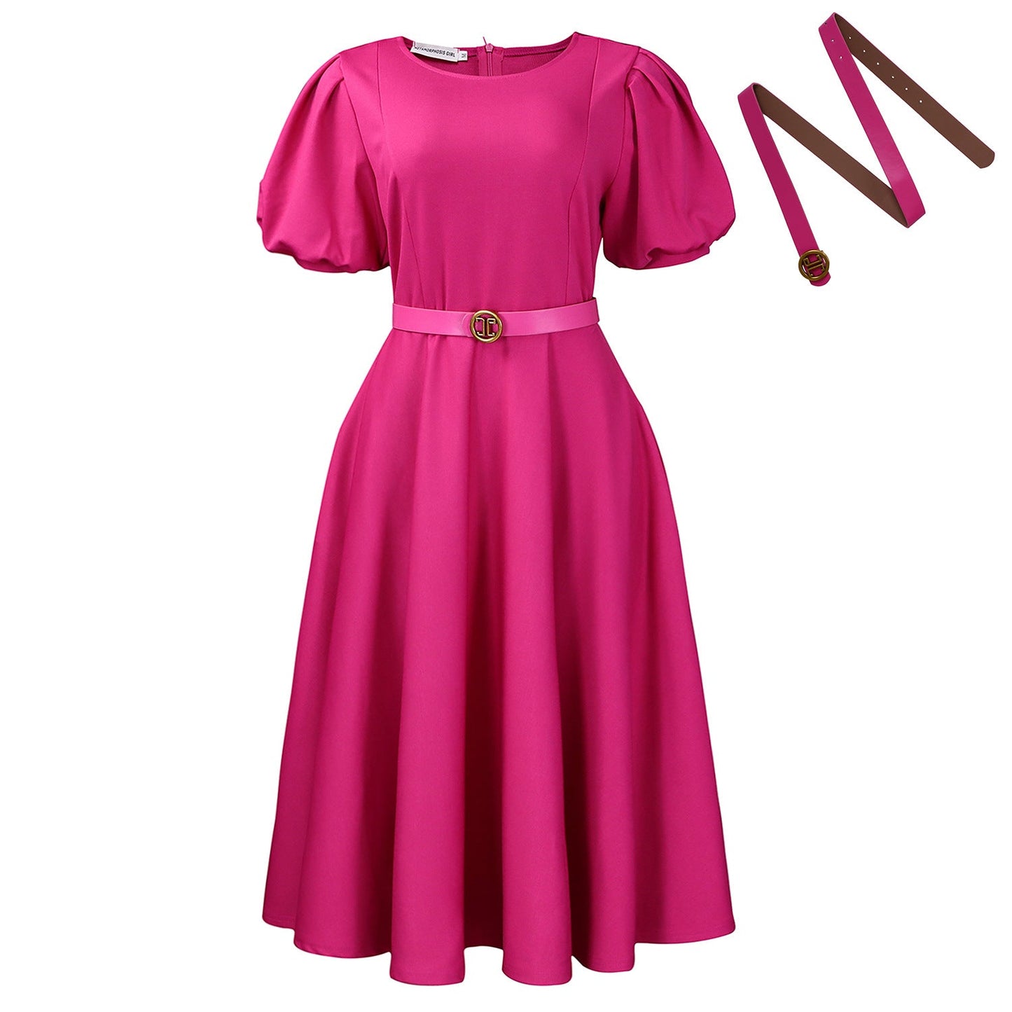 Damen Midi-Kleid Puffärmel Taillengürtel