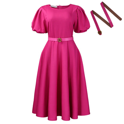 Damen Midi-Kleid Puffärmel Taillengürtel