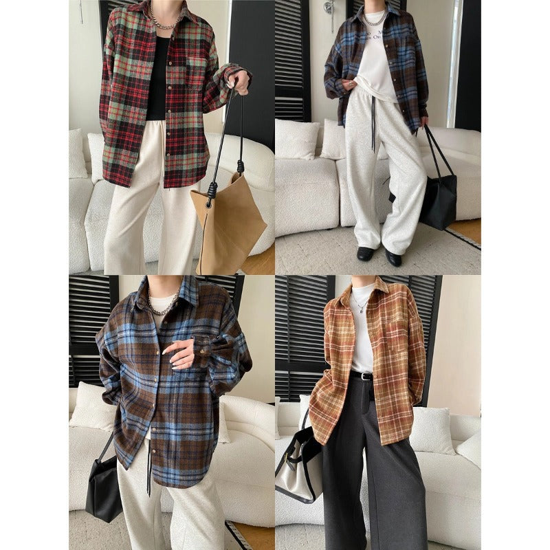 Damen Karo-Hemdjacke Lässiger Schnitt Praktische Taschen