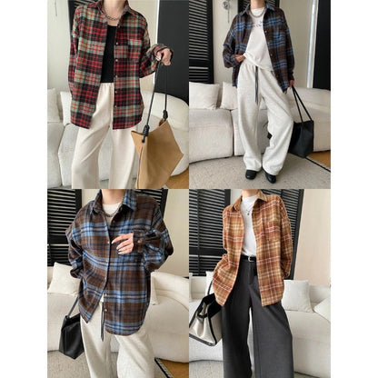 Damen Karo-Hemdjacke Lässiger Schnitt Praktische Taschen
