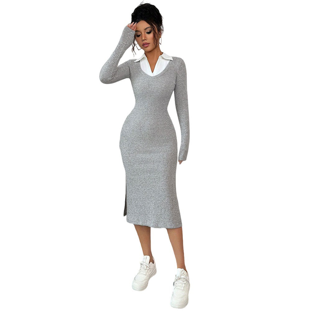 Damen Langarmkleid Polo-Kragen Seitenschlitz Norvielle
