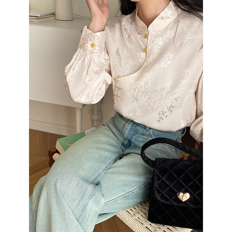 Damen Bluse Florale Stickerei Raffinierte Knöpfe Blume