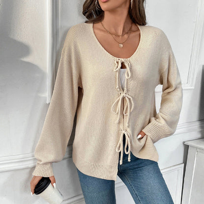 Damen Strickpullover Lässig Verstellbarer Kordelzug Feminin Beige