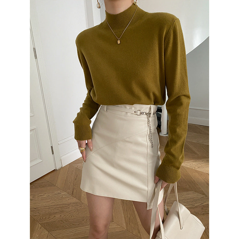 Damen Langarmoberteil Höherer Kragen Rippstruktur Beige