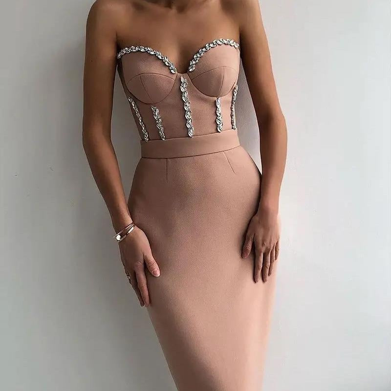 Damen Abendkleid Figurbetonend Bustier Optik Schimmernde Applikationen - Norvielle