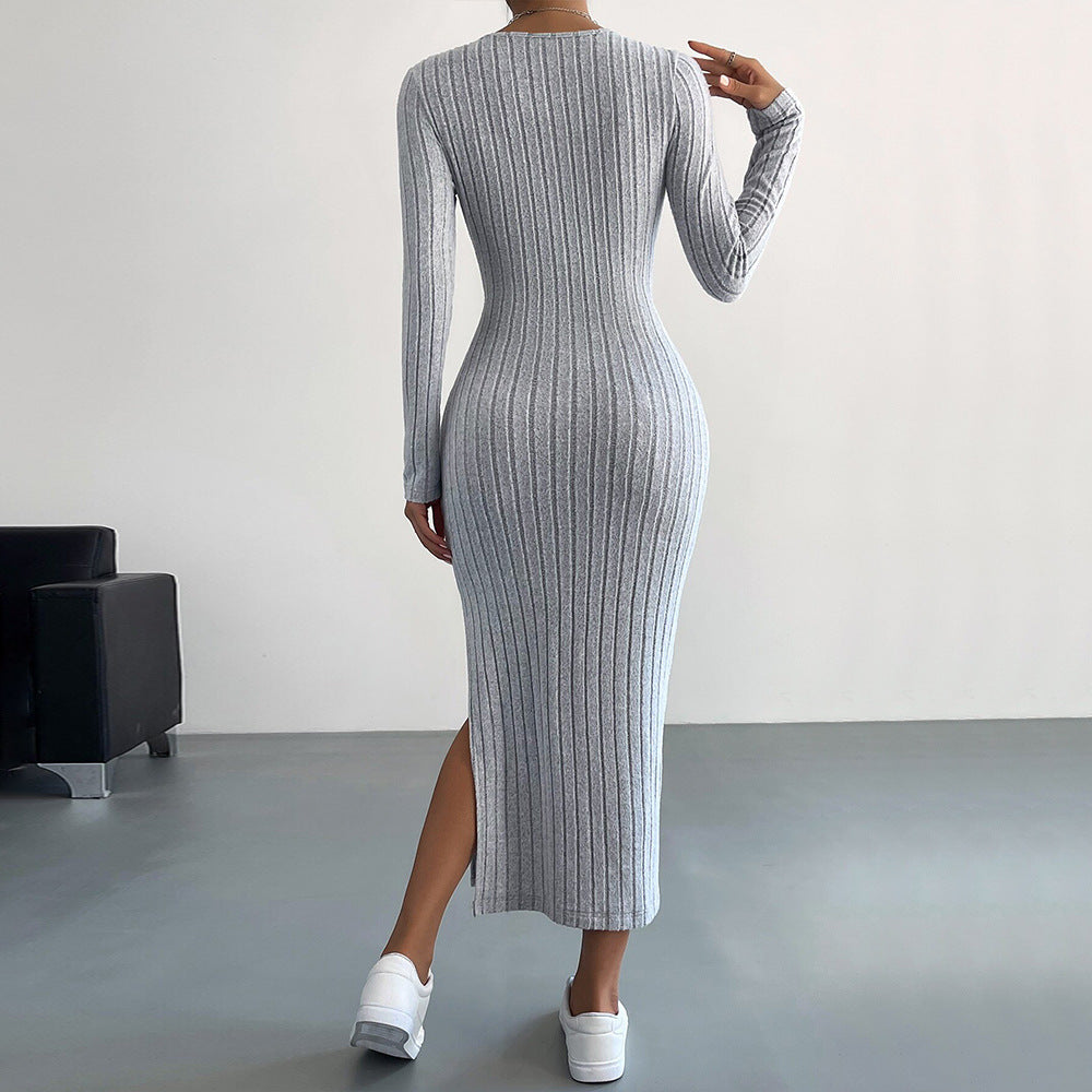 Damen Strickmaxikleid Langärmlig Mit Seitenschlitz Beige