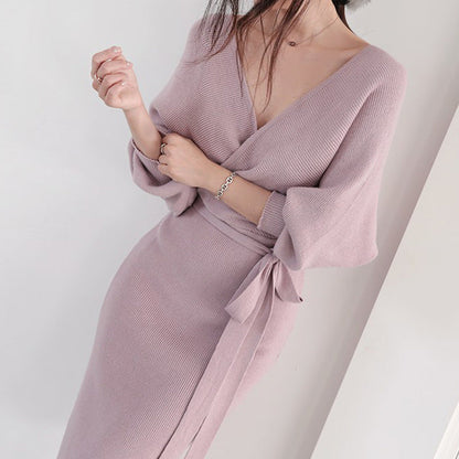 Damen Strickkleid Wickeloptik Länge Mit langen Ärmeln Norvielle