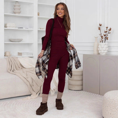 Damen Leggings-Set mit Hochgeschlossenem Oberteil Rippstruktur