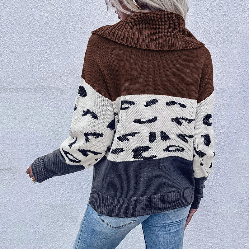 Damen Strickpullover Leopard-Muster Hochkragen Norvielle