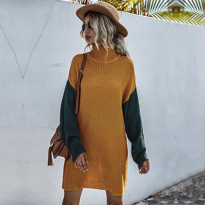 Damen Strickkleid Hochkragen Kontrastärmel Norvielle - Norvielle
