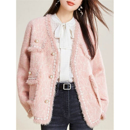 Damen Strickjacke Flauschig mit Knöpfen und Dekorativer Saum Norvielle