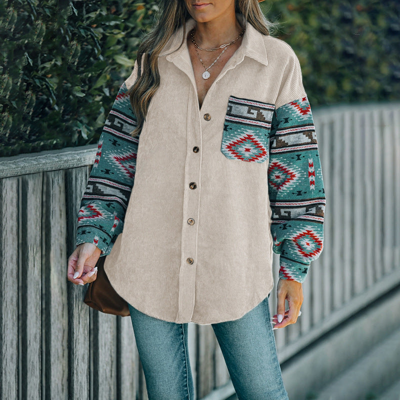 Damen Baumwollhemdjacke mit farbenfrohen Ärmeln und Taschen
