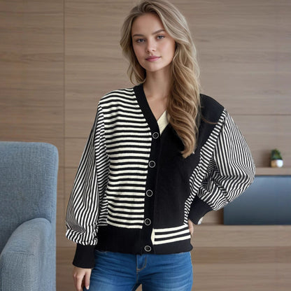 Damen Strickcardigan Gestreift Komfortschnitt Beige