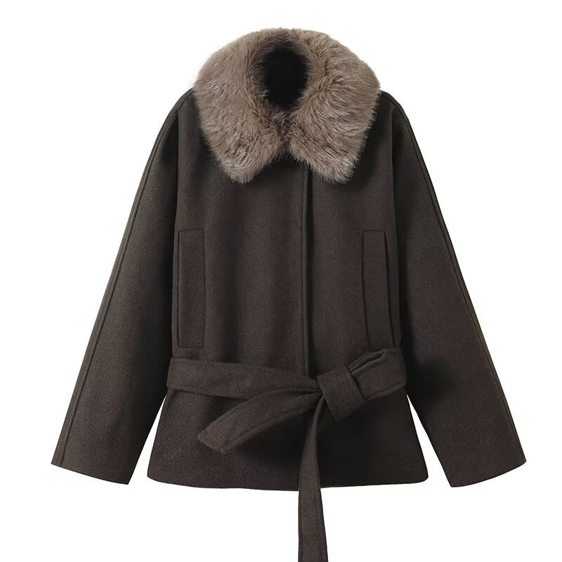 Damen Übergangsjacke Kunstfellkragen Taillengürtel Norvielle - Norvielle