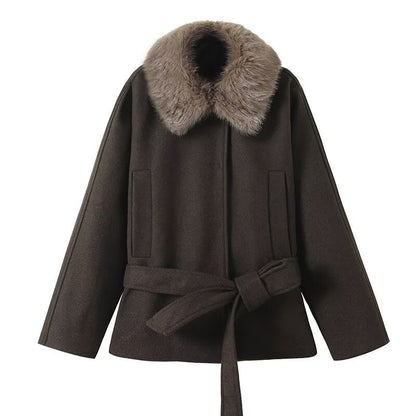 Damen Übergangsjacke Kunstfellkragen Taillengürtel Norvielle - Norvielle