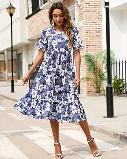 Damen Midikleid Floralmuster Volantabschluss