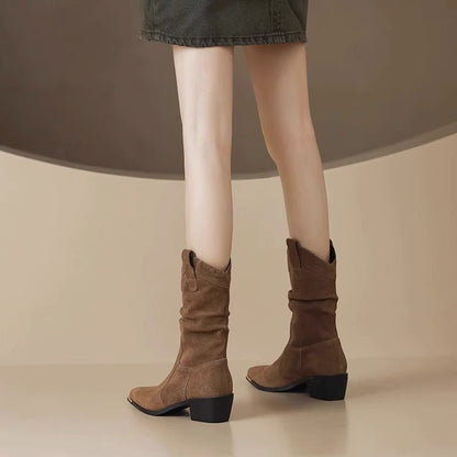 Damen Stiefel Wildlederoptik Oberschenkelhoch Spitz Metallkappe - Norvielle