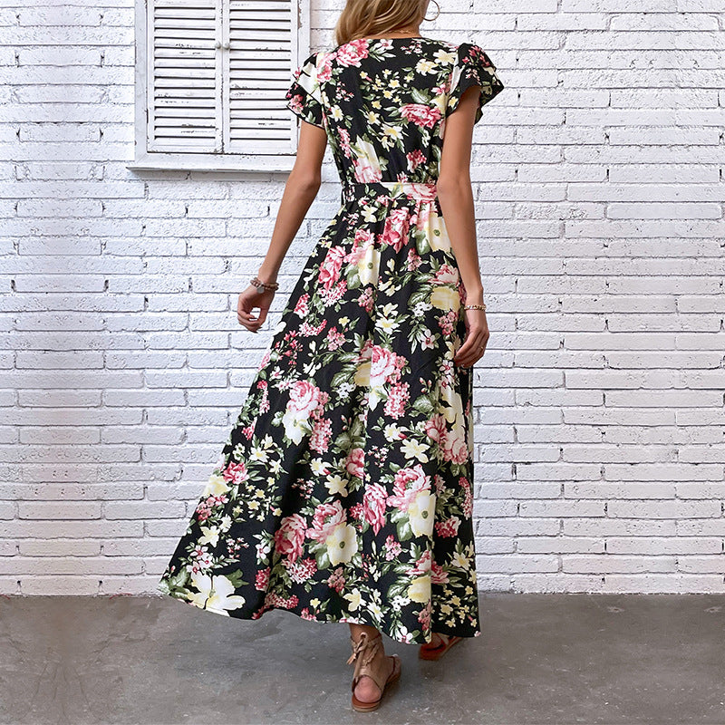 Damen Maxikleid mit floralem Muster, Schlitz und taillierbarem Gürtel