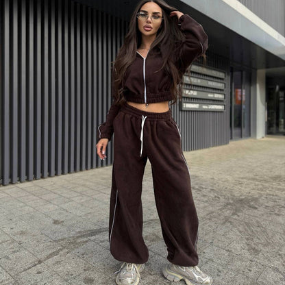 Damen Fleece-Jogginganzug Elastischer Bund Hochkragen Schwarz - Norvielle