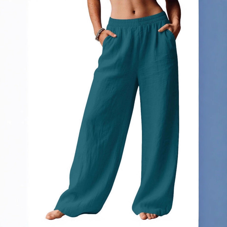 Damen Leinenhose Weit Bequem Elastischer Bund Norvielle