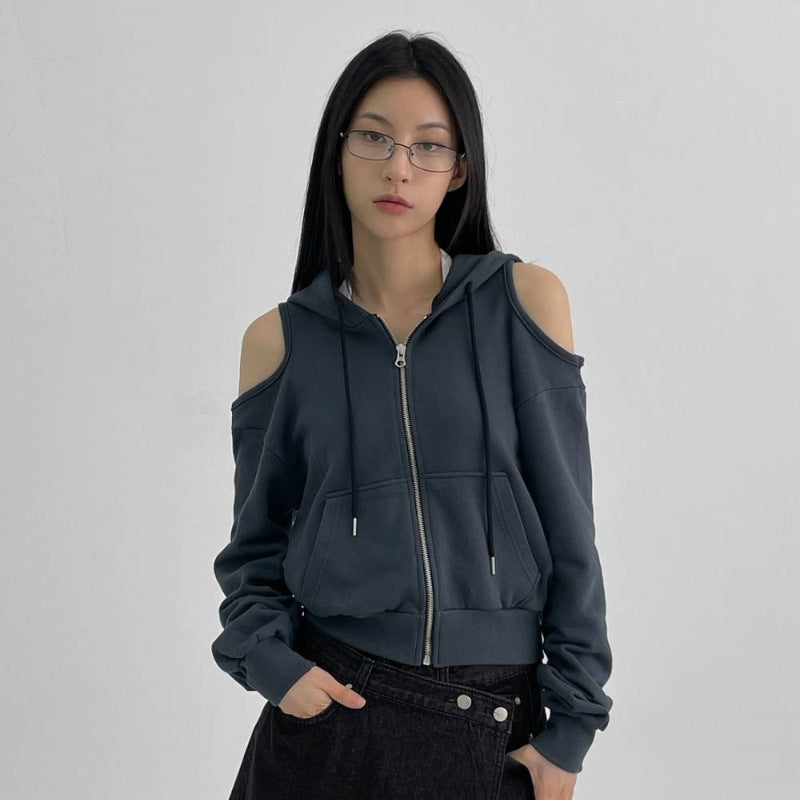 Damen Cropped Kapuzenpullover Cut-Out-Ärmel Norvielle - Norvielle