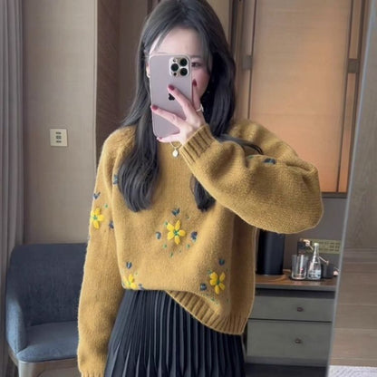 Damen Strickpullover Florale Applikationen Norvielle