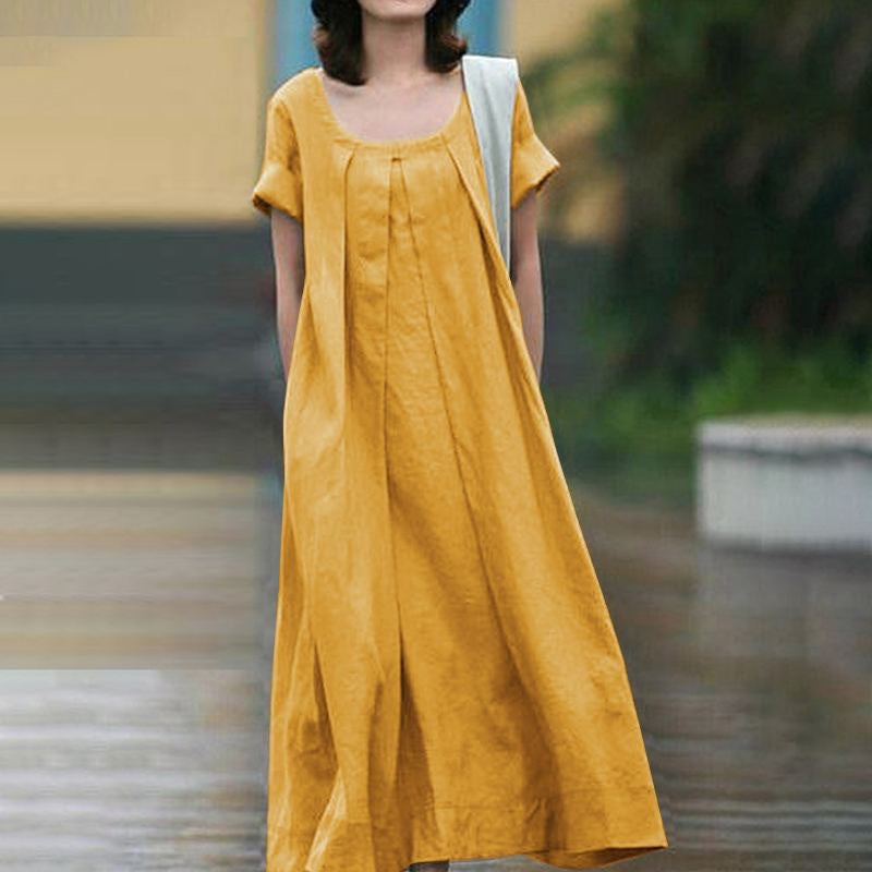 Damen Maxi-Kleid Weiter Schnitt Rundhalsausschnitt Norvielle