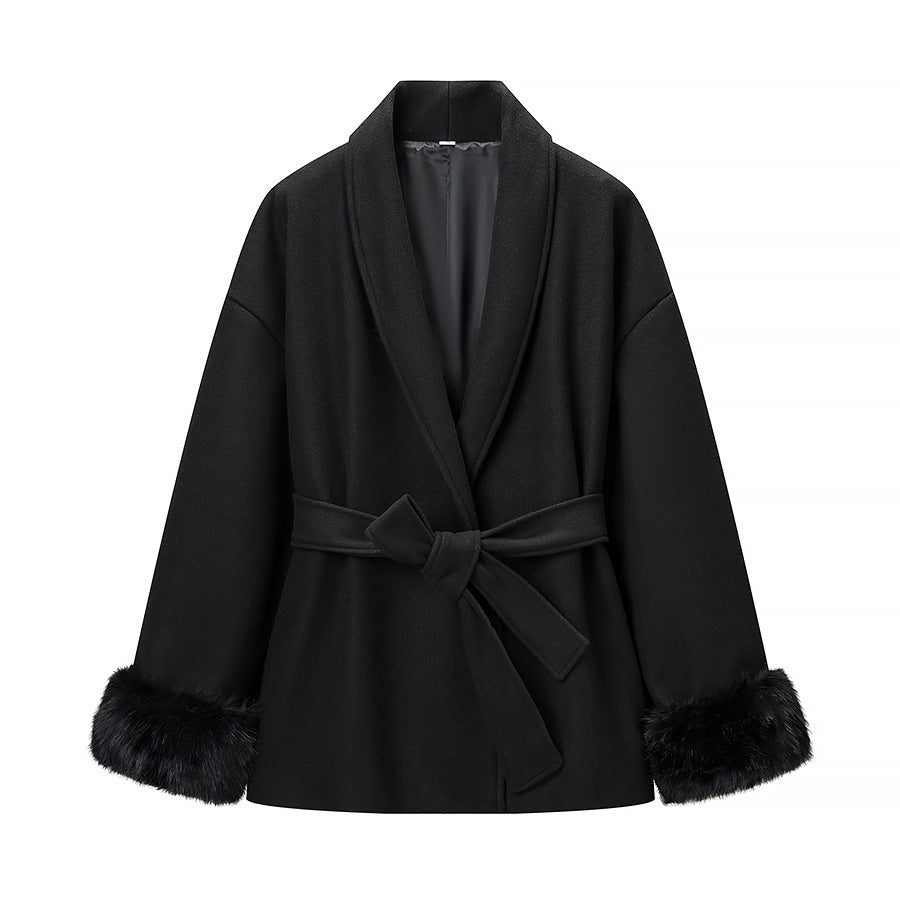 Damen Modische Jacke Weichgefütterter Kragen Bindegürtel Norvielle