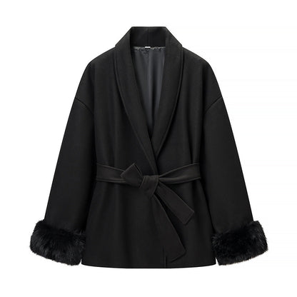 Damen Modische Jacke Weichgefütterter Kragen Bindegürtel Norvielle