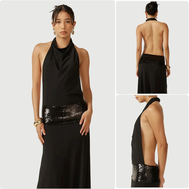Damen Abendkleid Wasserfallausschnitt Glitzer Taillenelement Schwarz - Norvielle