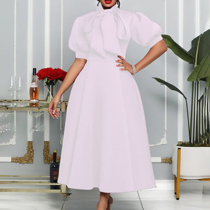 Damen Elegantes Midi-Kleid Puffärmel Bindegürtel