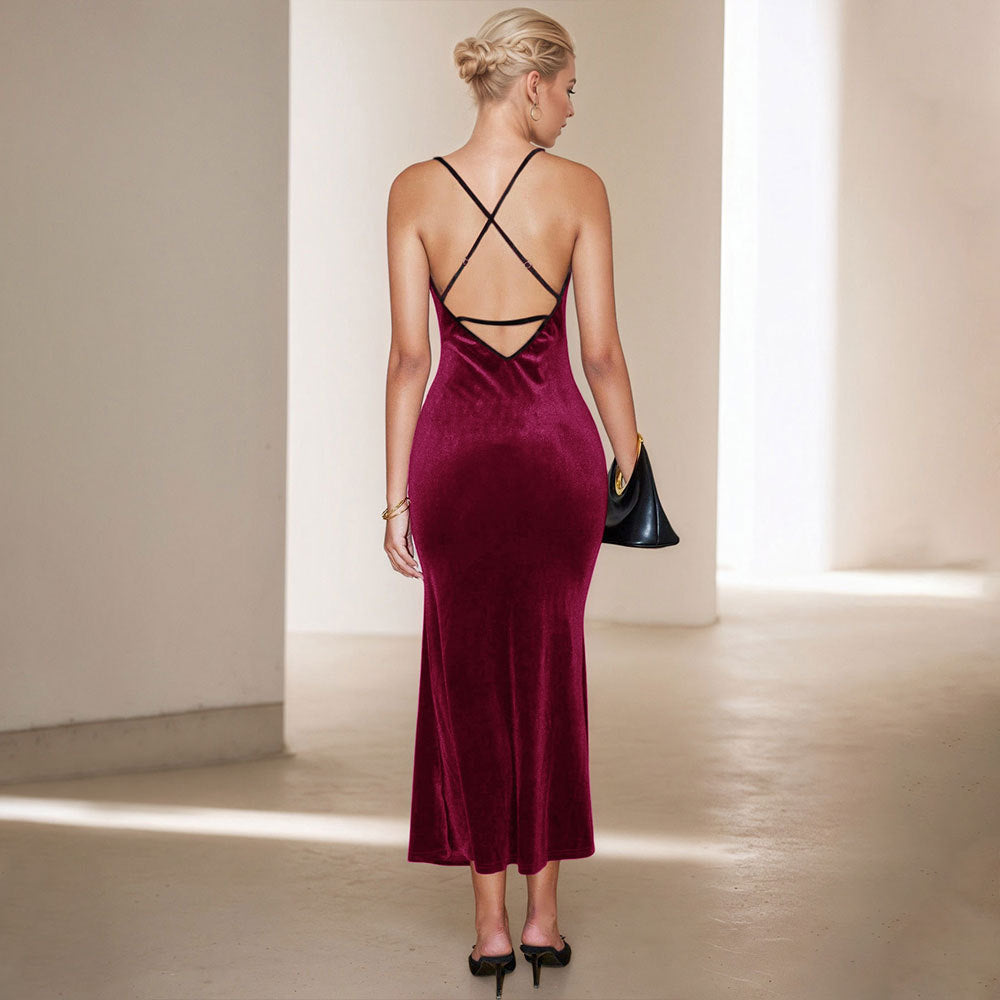 Damen Samt Maxikleid schmal Spaghettiträger Elegant