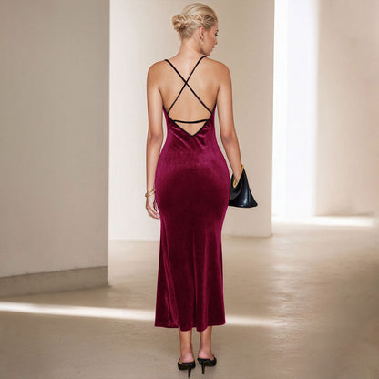 Damen Samt Maxikleid schmal Spaghettiträger Elegant