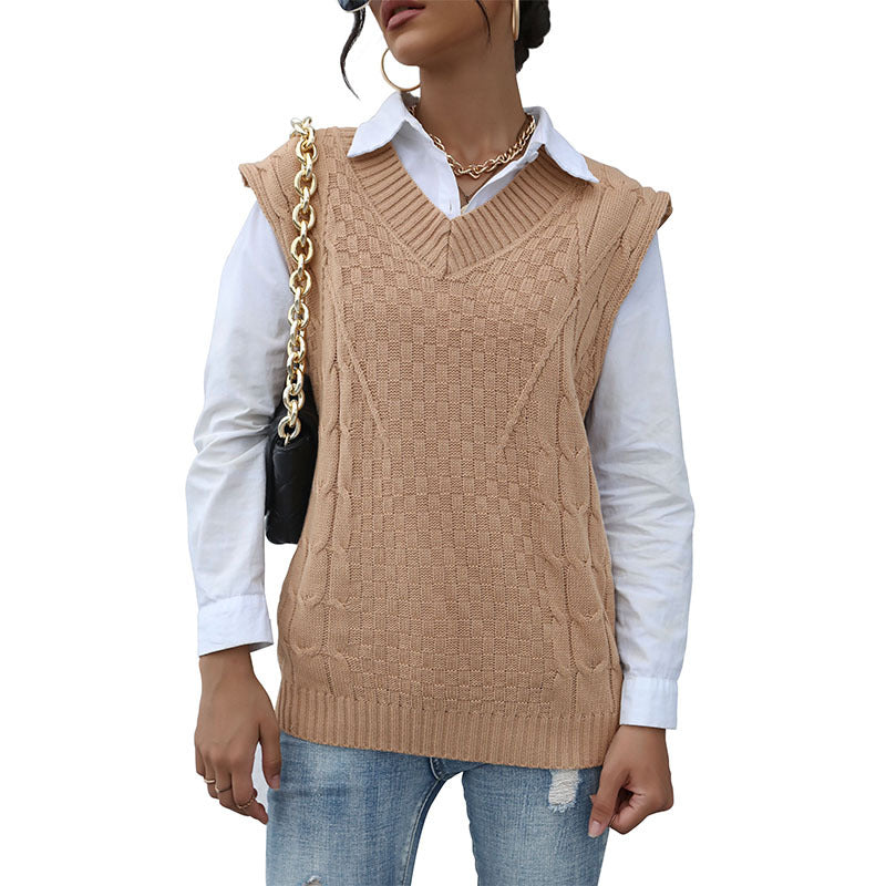 Damen Strickpullover Ohne Ärmel V-Ausschnitt Strukturiert Beige
