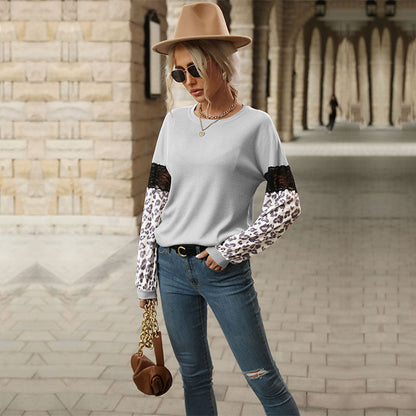 Damen Pullover mit floralem Muster und Leopardenärmeln Norvielle