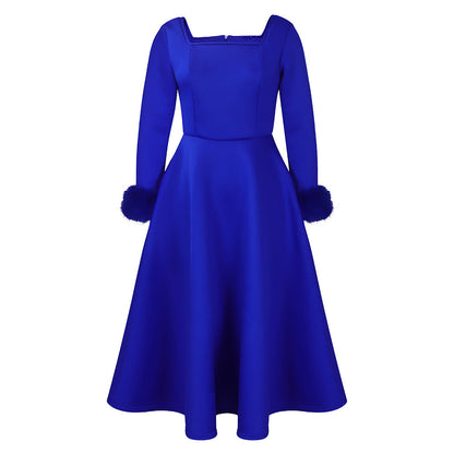 Damen Kleid Quadratischer Ausschnitt Fuchsfell Ärmel