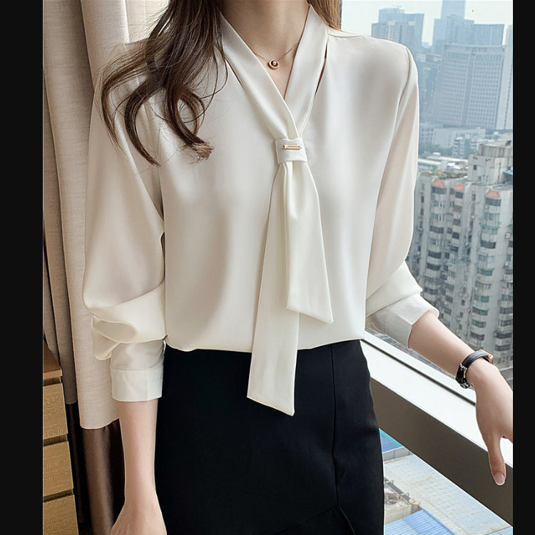 Damen Bluse Seidenfinish Eleganter Schlaufenkragen Norvielle - Norvielle
