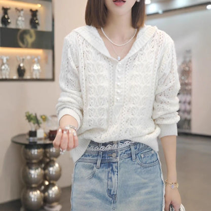 Damen Strickpullover mit Kapuze und Knöpfen Norvielle - Norvielle