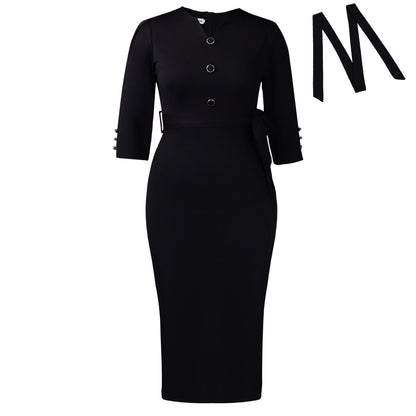 Damen Etuikleid mit Knopfdetails und Taillengürtel