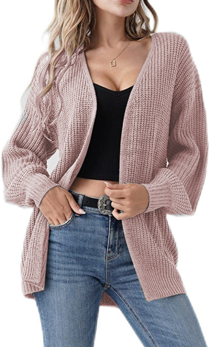 Damen Grobstrick Cardigan Lässig Offene Maschen Beige
