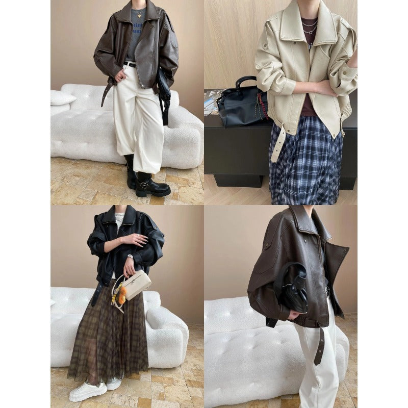 Damen Kunstlederjacke Oversized Dekorative Knöpfe