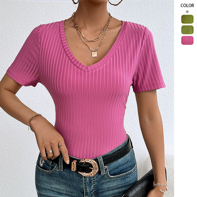 Damen Kurzarmshirt V-Ausschnitt Rippstruktur Norvielle - Norvielle