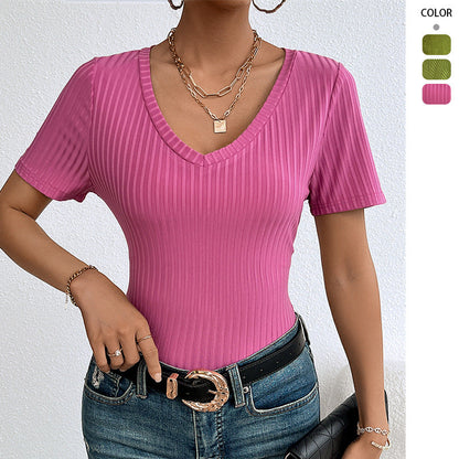 Damen Kurzarmshirt V-Ausschnitt Rippstruktur Norvielle - Norvielle