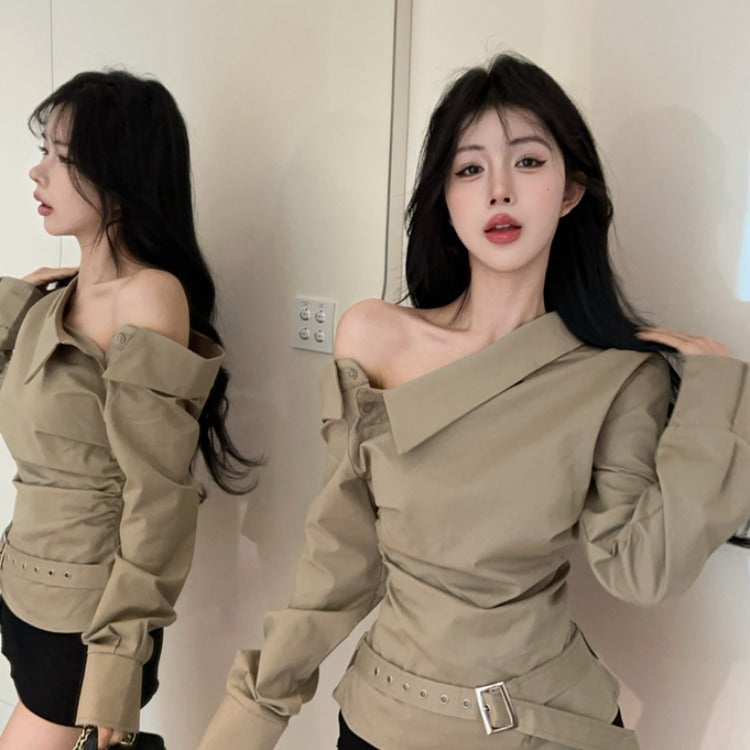 Damen Off-Shoulder mit Gürtel Dekorativ - Norvielle