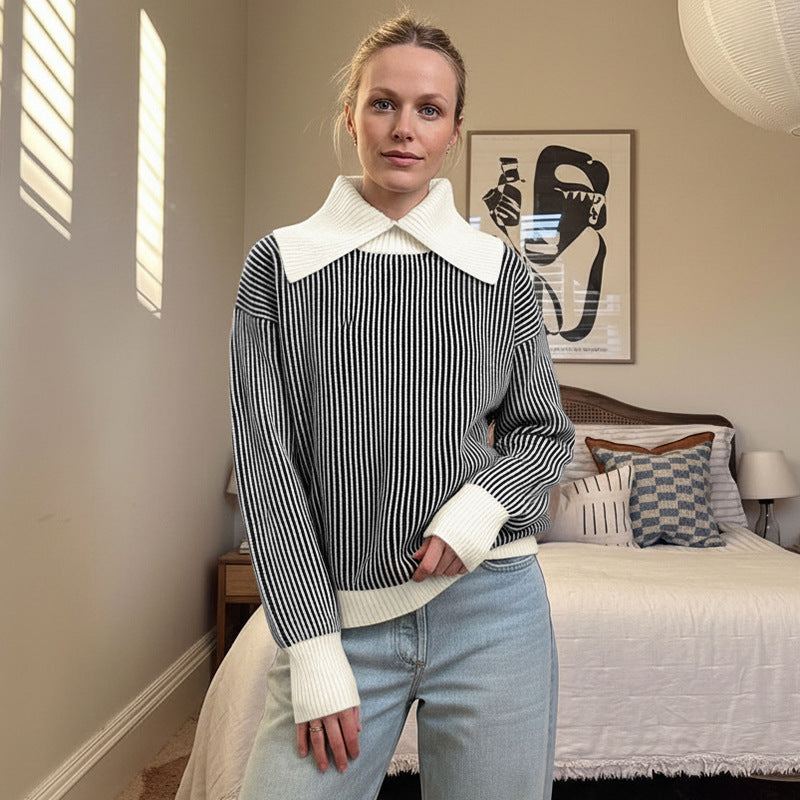 Damen Pullover Streifenmuster Eleganter Kragen Norvielle