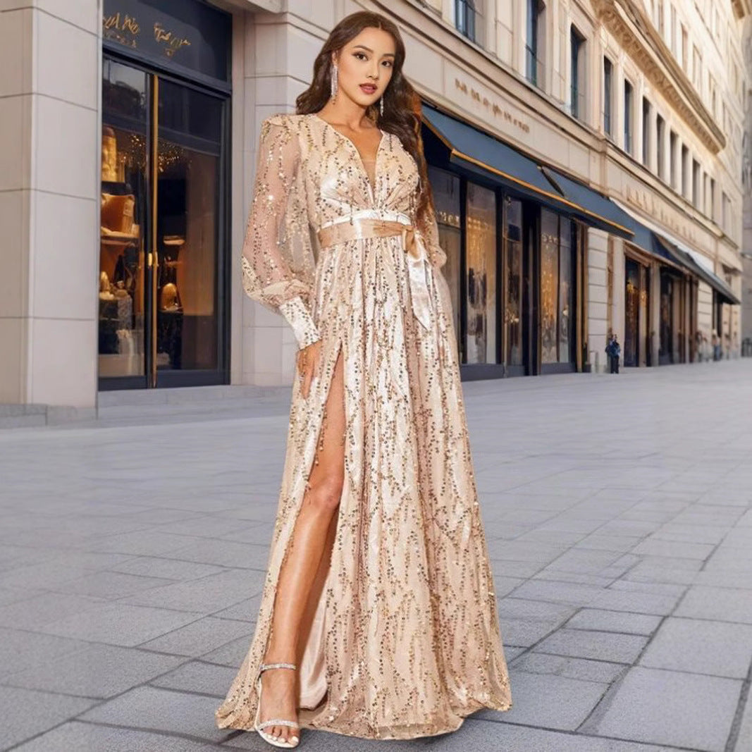 Damen Abendkleid Glitzernd V-Ausschnitt Seitenschlitz Norvielle