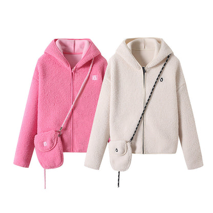 Damen Fleecejacke mit Kapuze und Umhängetasche Kuschelig Grün