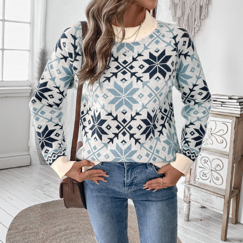 Damen Strickpullover Rundhalsausschnitt Wintermuster Norvielle