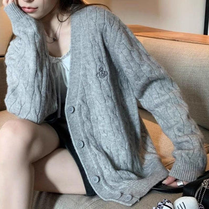 Damen Strickjacke Zopfmuster Große Knöpfe Norvielle