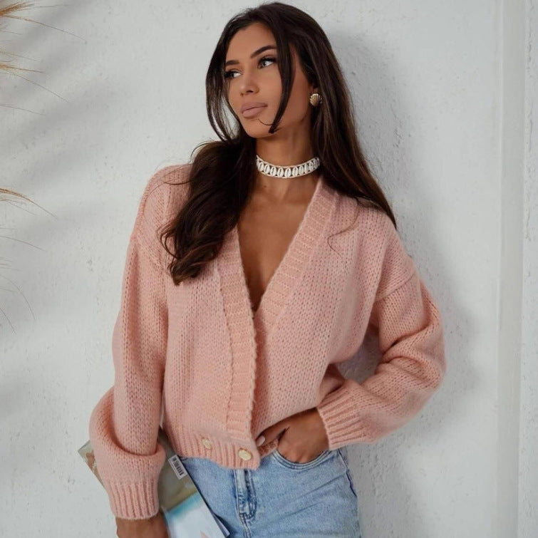 Damen Strickcardigan Weit Modisch Knöpfe Beige